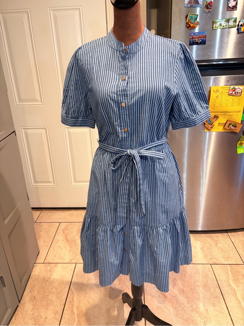 Draper James Blue & White Striped Tie-Waist Midi Dress